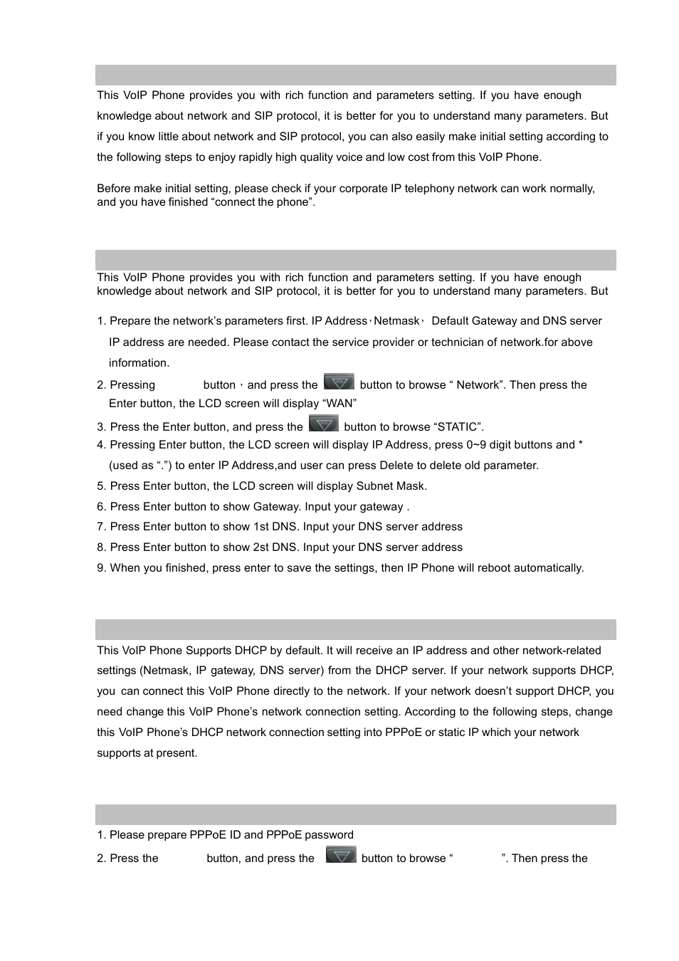 Initial setting, Static mode, Dhcp mode | Pppoe mode | PLANET VIP-251T User Manual | Page 22 / 57