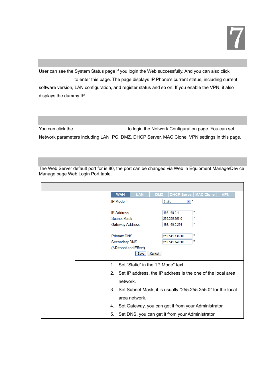 Chapter 7 configuration from web, System status, Network configuration | Wan settings | PLANET VIP-251T User Manual | Page 28 / 57