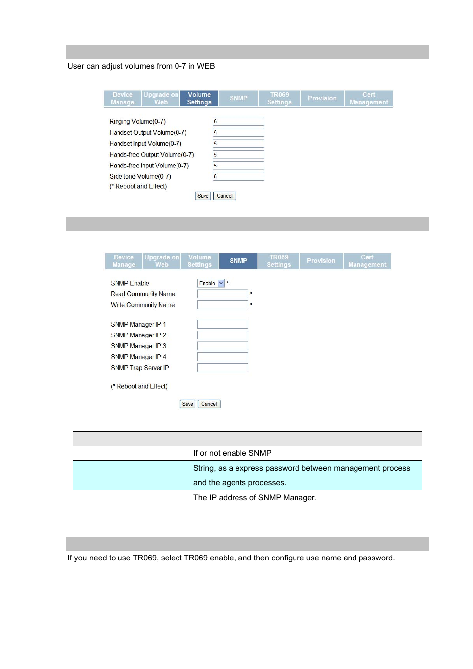 Volume settings, Snmp, Tr-069 settings | PLANET VIP-251T User Manual | Page 43 / 57