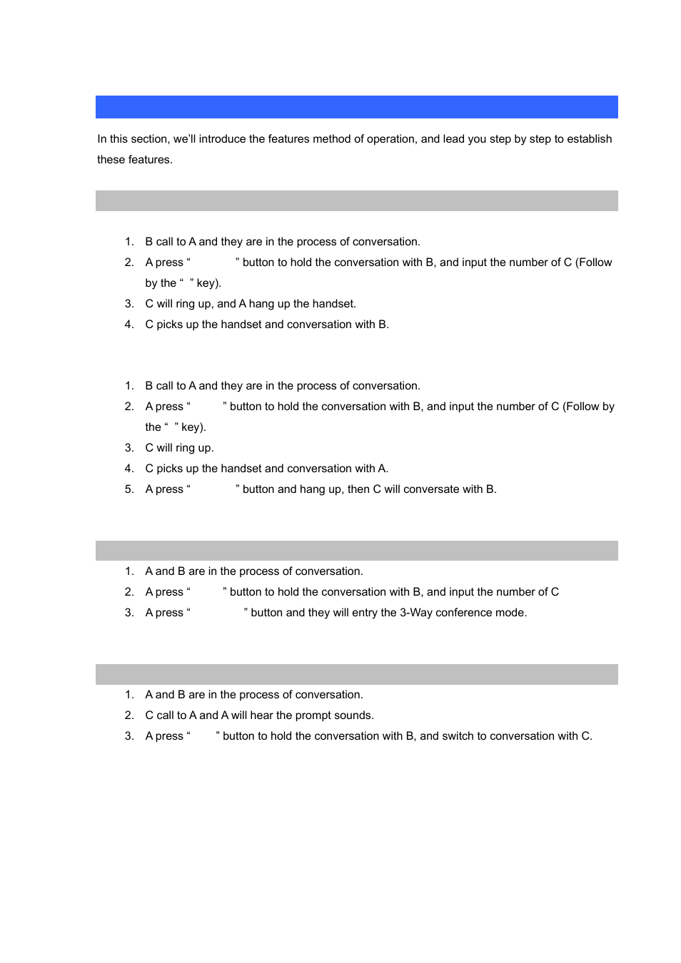 Appendix b the method of operation guide, Call transfer, Way conference | Call waiting | PLANET VIP-251T User Manual | Page 56 / 57