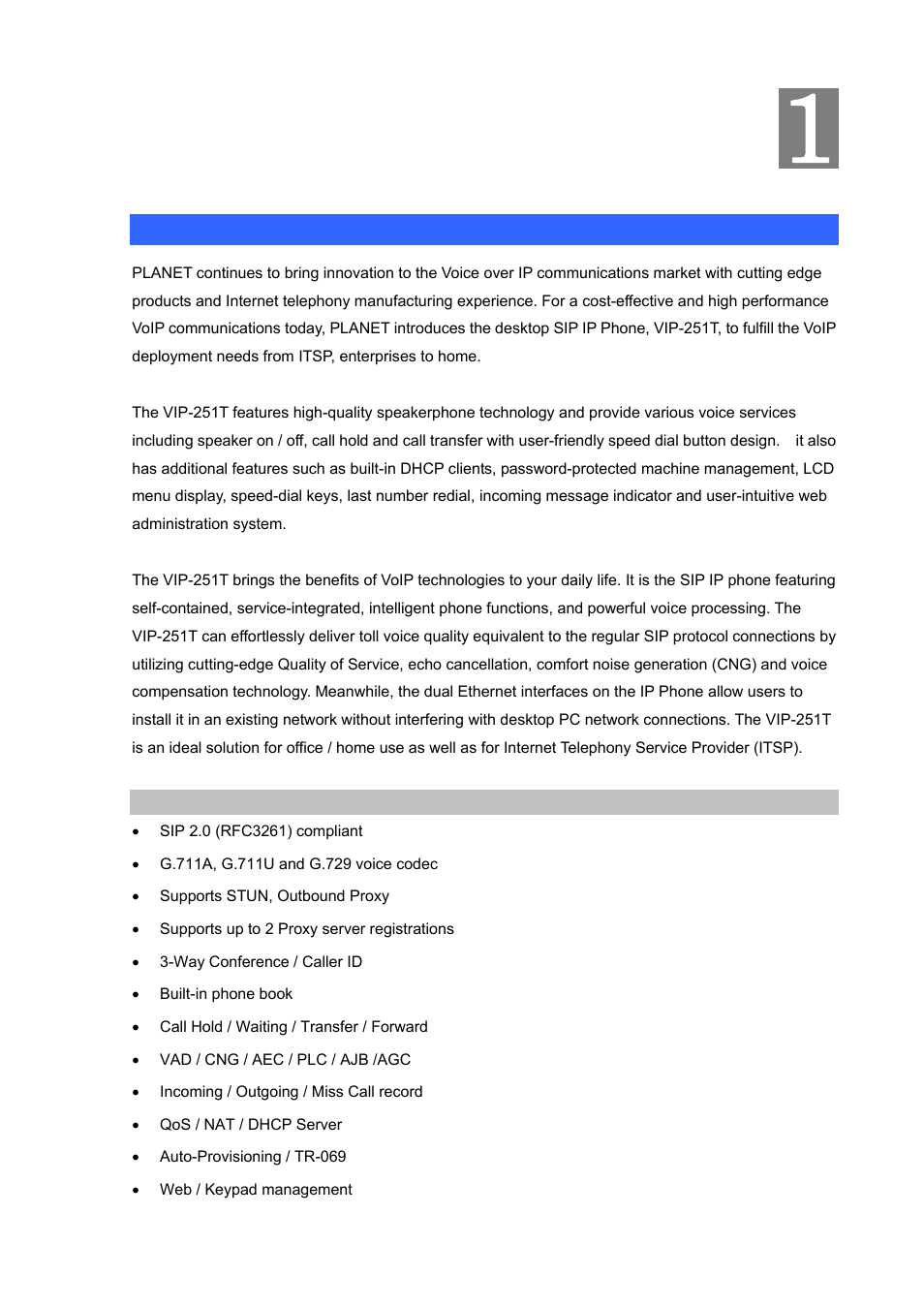 Chapter 1 introduction, Overview, Chapter 1 | Introduction | PLANET VIP-251T User Manual | Page 7 / 57