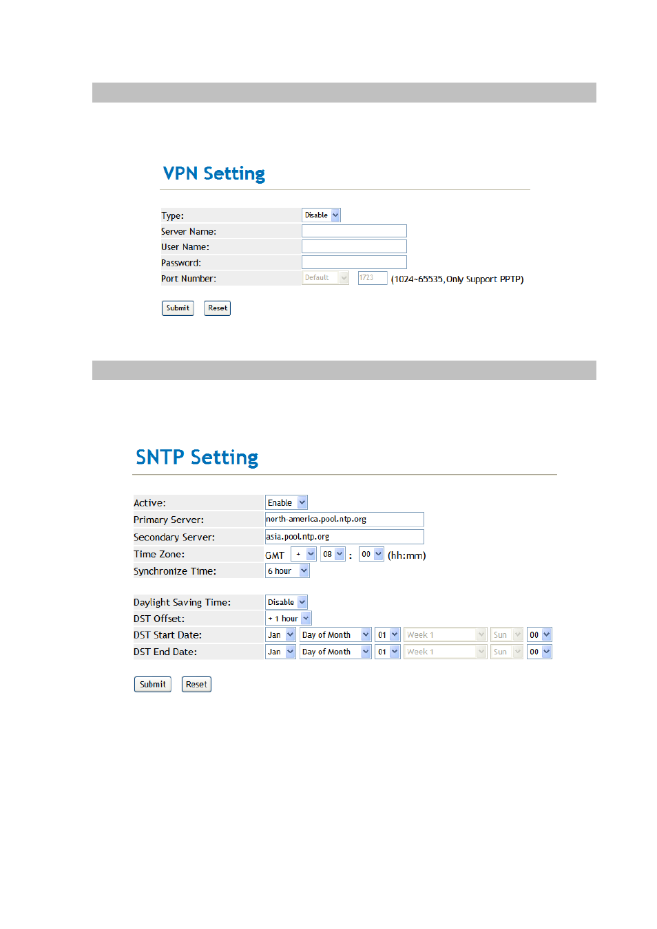 Vpn (pptp & l2tp) settings, Sntp settings | PLANET VIP-254NT User Manual | Page 29 / 57