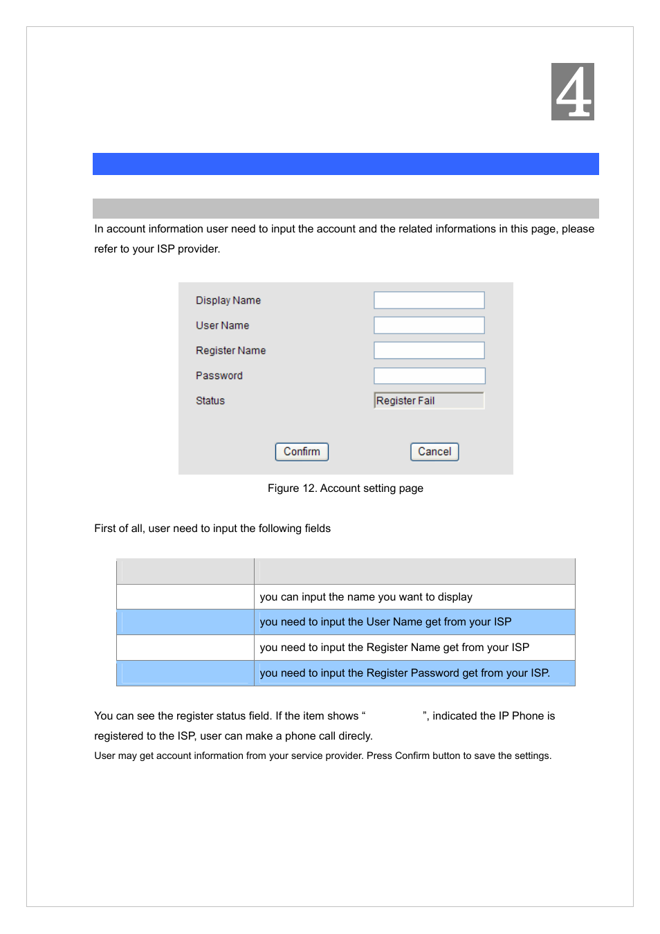 Chapter 4 voip ip phone configurations, Baisc function configurations, Account settings | PLANET VIP-255PT User Manual | Page 18 / 35