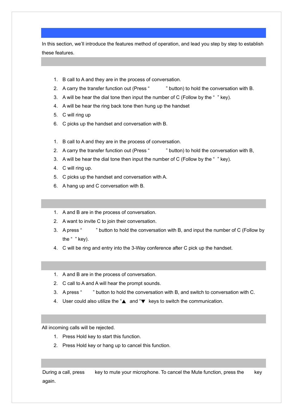 Appendix b the method of operation guide, Call transfer, Way conference | Call waiting, Do not disturb, Mute the call | PLANET VIP-255PT User Manual | Page 32 / 35