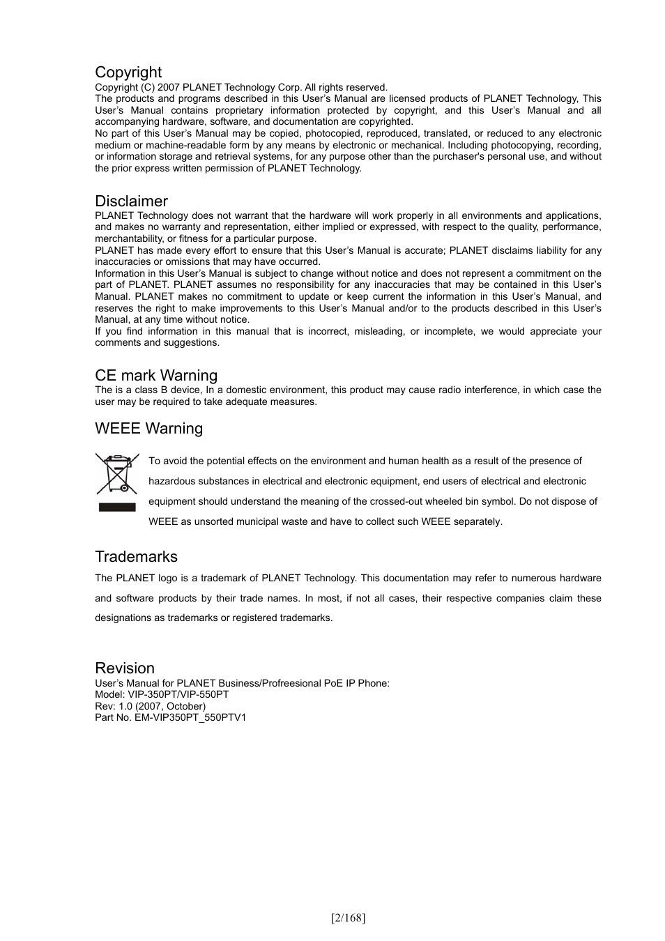 Copyright, Disclaimer, Ce mark warning | Weee warning, Trademarks, Revision | PLANET VIP-350PT User Manual | Page 2 / 168