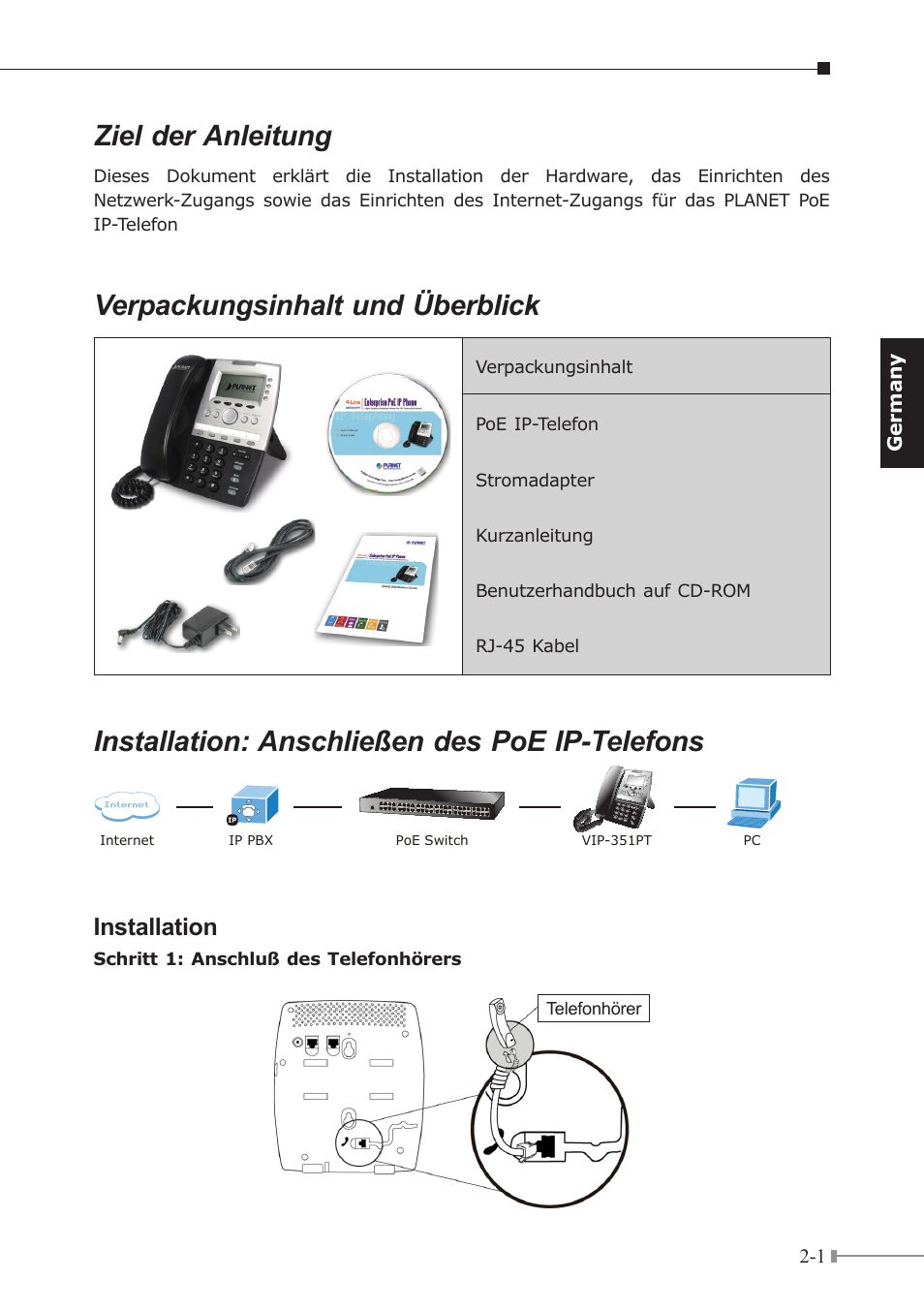 Ziel der anleitung, Verpackungsinhalt und überblick, Installation: anschließen des poe ip-telefons | Installation | PLANET VIP-351PT User Manual | Page 10 / 30