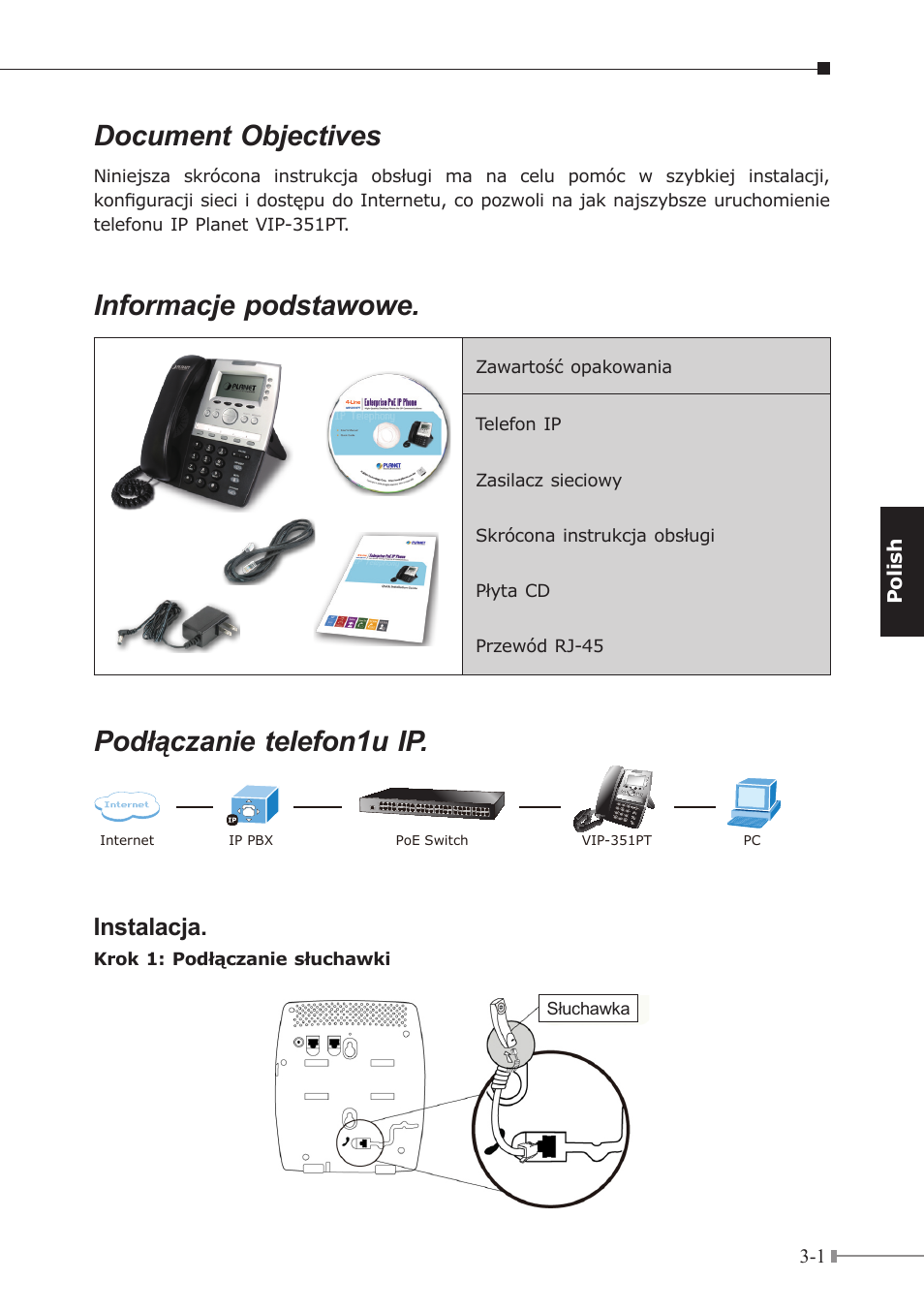 Document objectives, Informacje podstawowe, Podłączanie telefon1u ip | Instalacja | PLANET VIP-351PT User Manual | Page 14 / 30