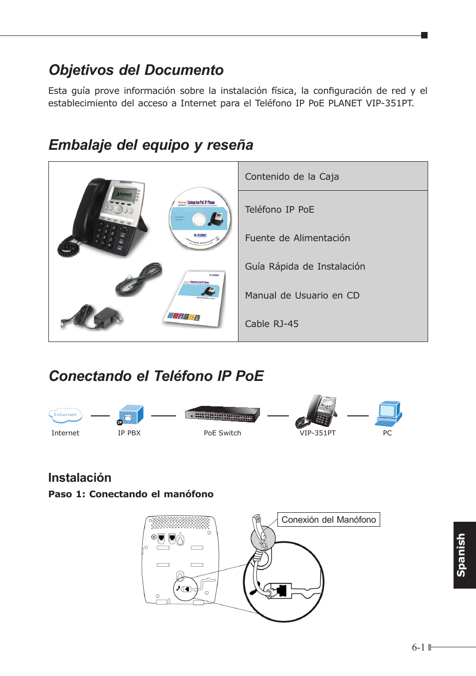 Objetivos del documento, Embalaje del equipo y reseña, Conectando el teléfono ip poe | Instalación | PLANET VIP-351PT User Manual | Page 26 / 30