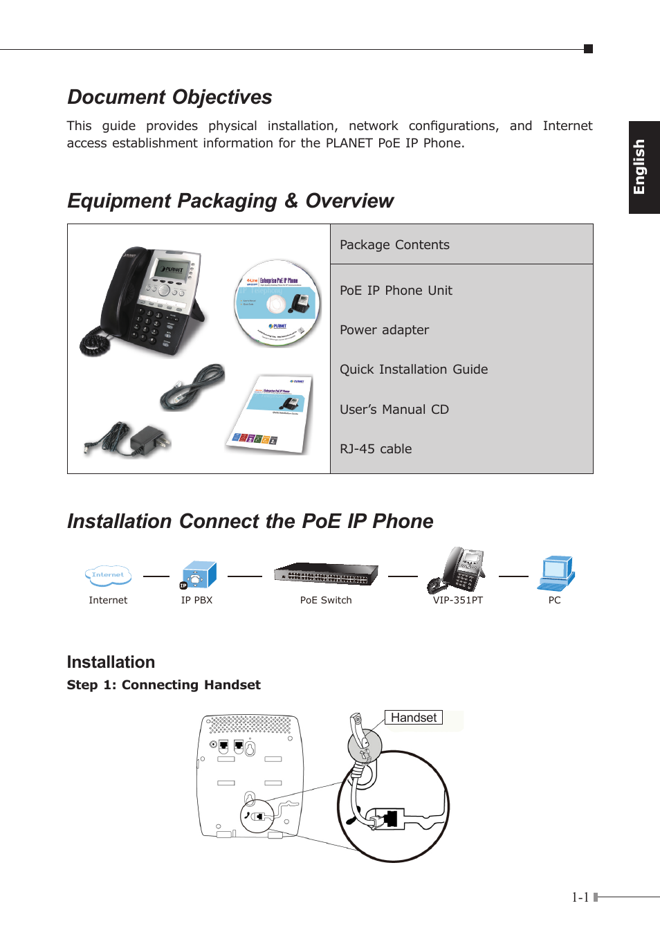 Document objectives, Equipment packaging & overview, Installation connect the poe ip phone | Installation | PLANET VIP-351PT User Manual | Page 6 / 30