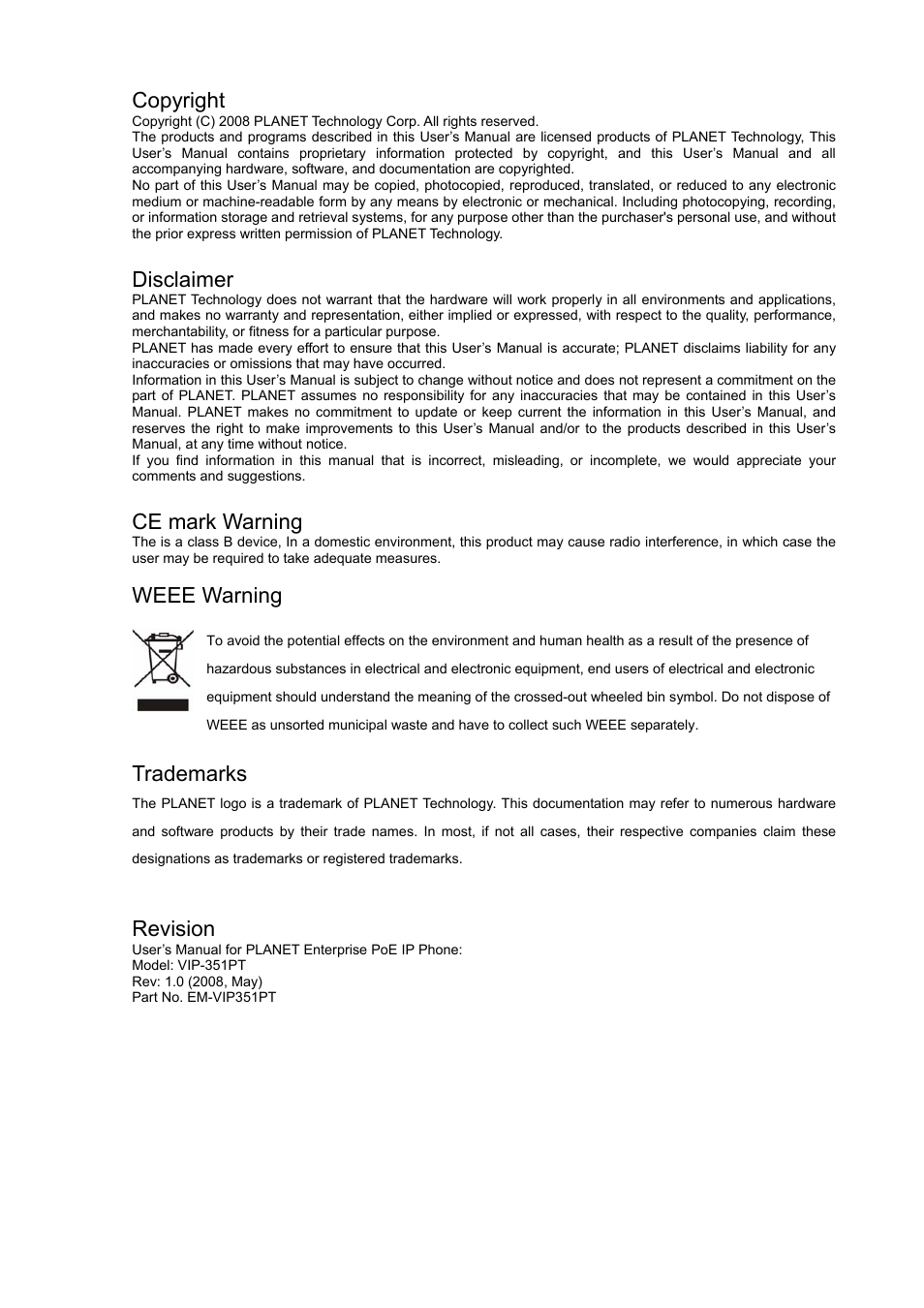 Copyright, Disclaimer, Ce mark warning | Weee warning, Trademarks, Revision | PLANET VIP-351PT User Manual | Page 2 / 53
