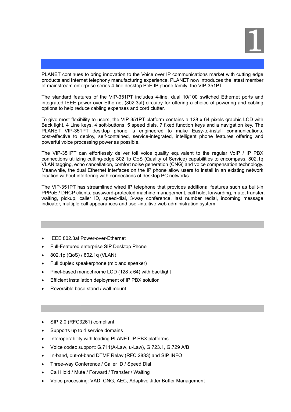 Chapter 1 introduction, Overview, Product features | PLANET VIP-351PT User Manual | Page 4 / 53