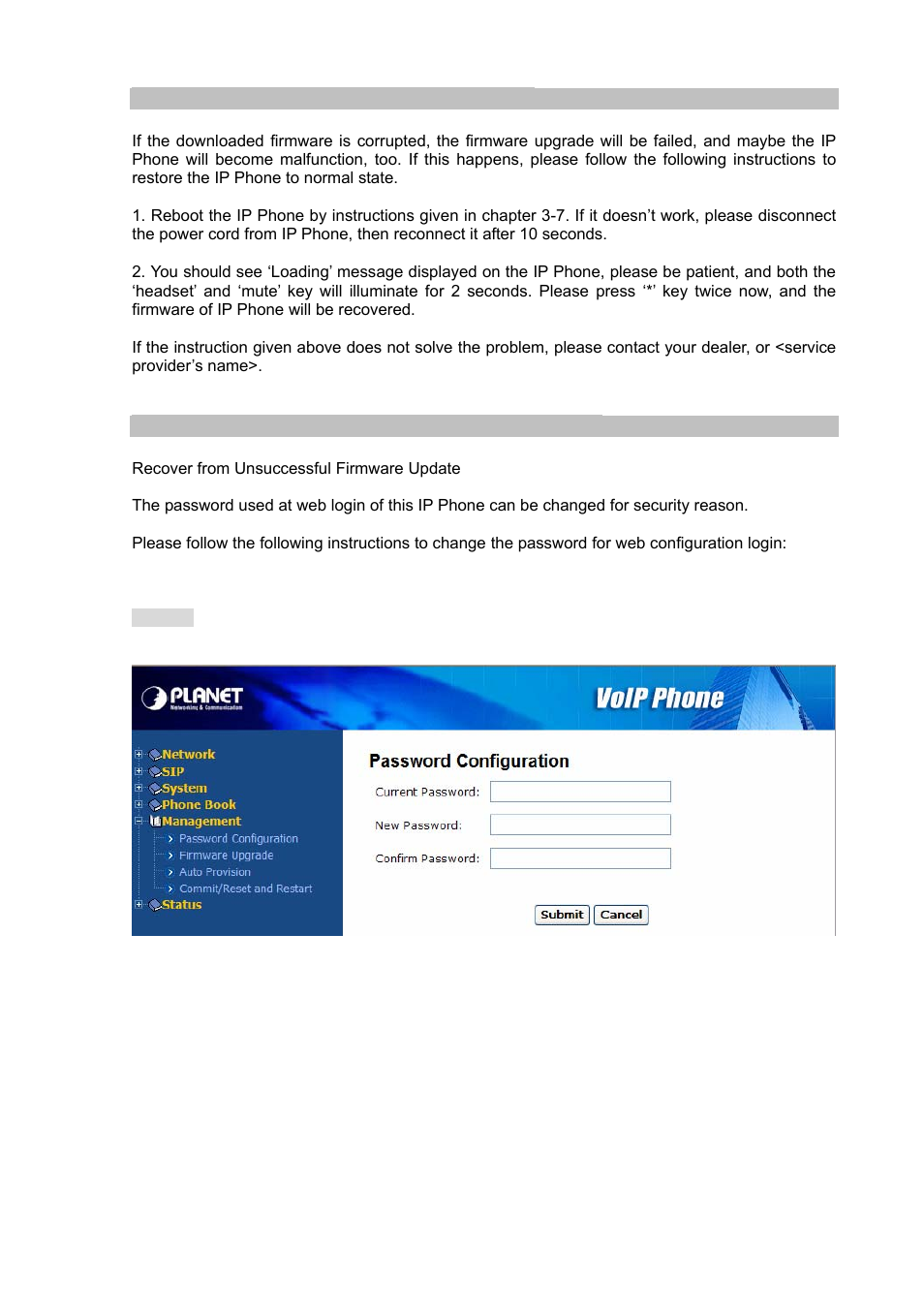 Recover from unsuccessful firmware update, Change the administration password for web config | PLANET VIP-351PT User Manual | Page 50 / 53