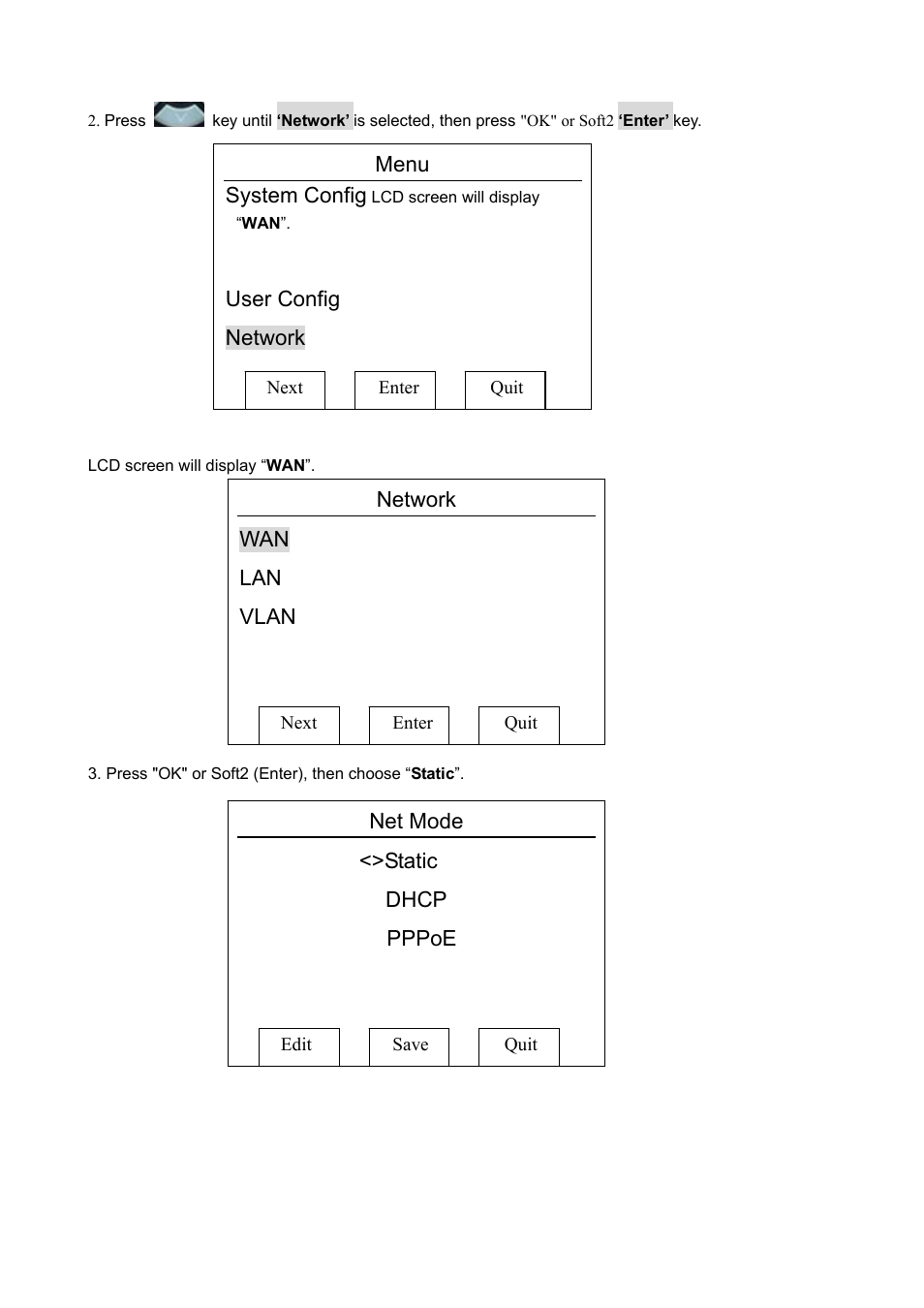 Menu, System config, User config | Network, Vlan, Net mode, Static, Dhcp, Pppoe | PLANET VIP-360PT User Manual | Page 11 / 65
