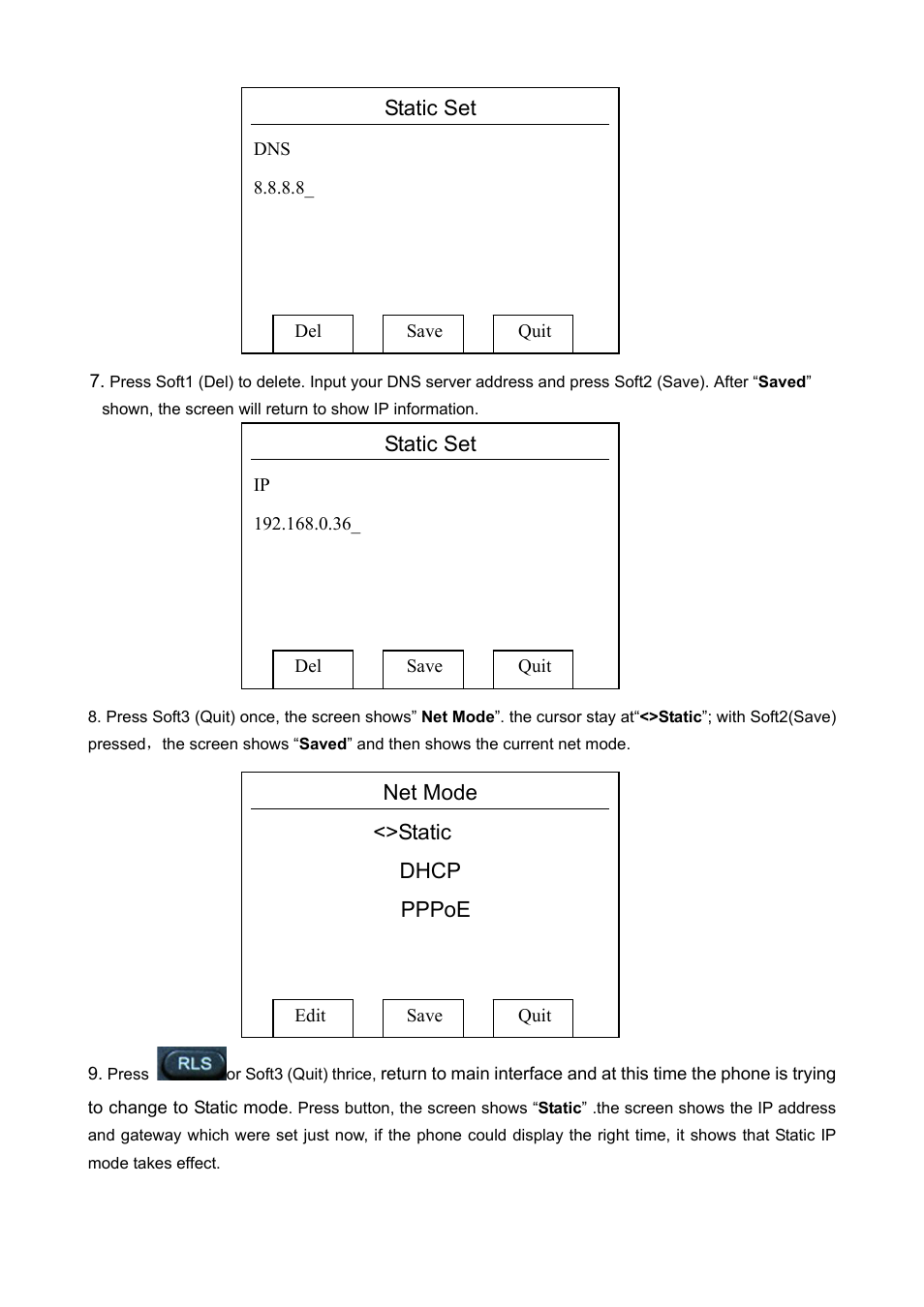 Static set, Net mode, Static | Dhcp, Pppoe | PLANET VIP-360PT User Manual | Page 13 / 65
