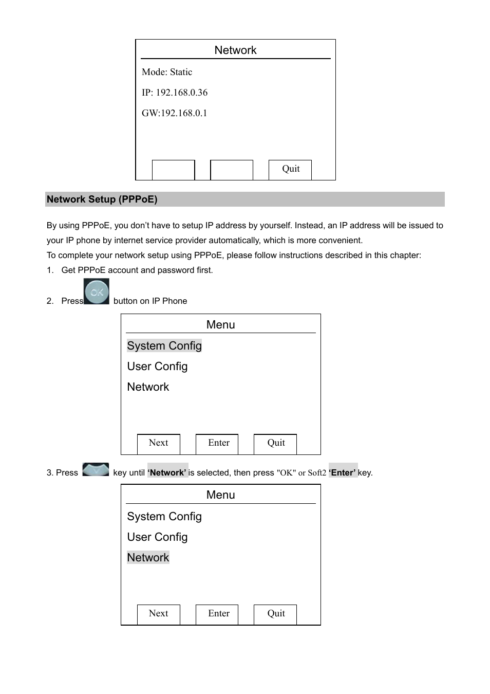 Network setup (pppoe), Network, Menu | System config, User config | PLANET VIP-360PT User Manual | Page 14 / 65