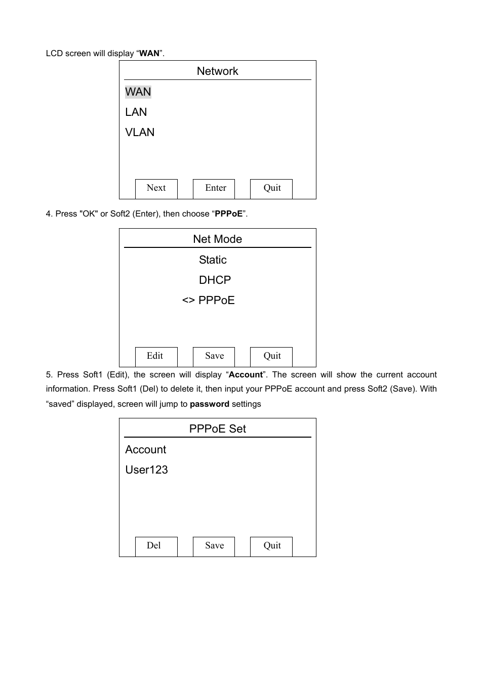 Network, Vlan, Net mode | Static, Dhcp, Pppoe, Pppoe set account user123 | PLANET VIP-360PT User Manual | Page 15 / 65