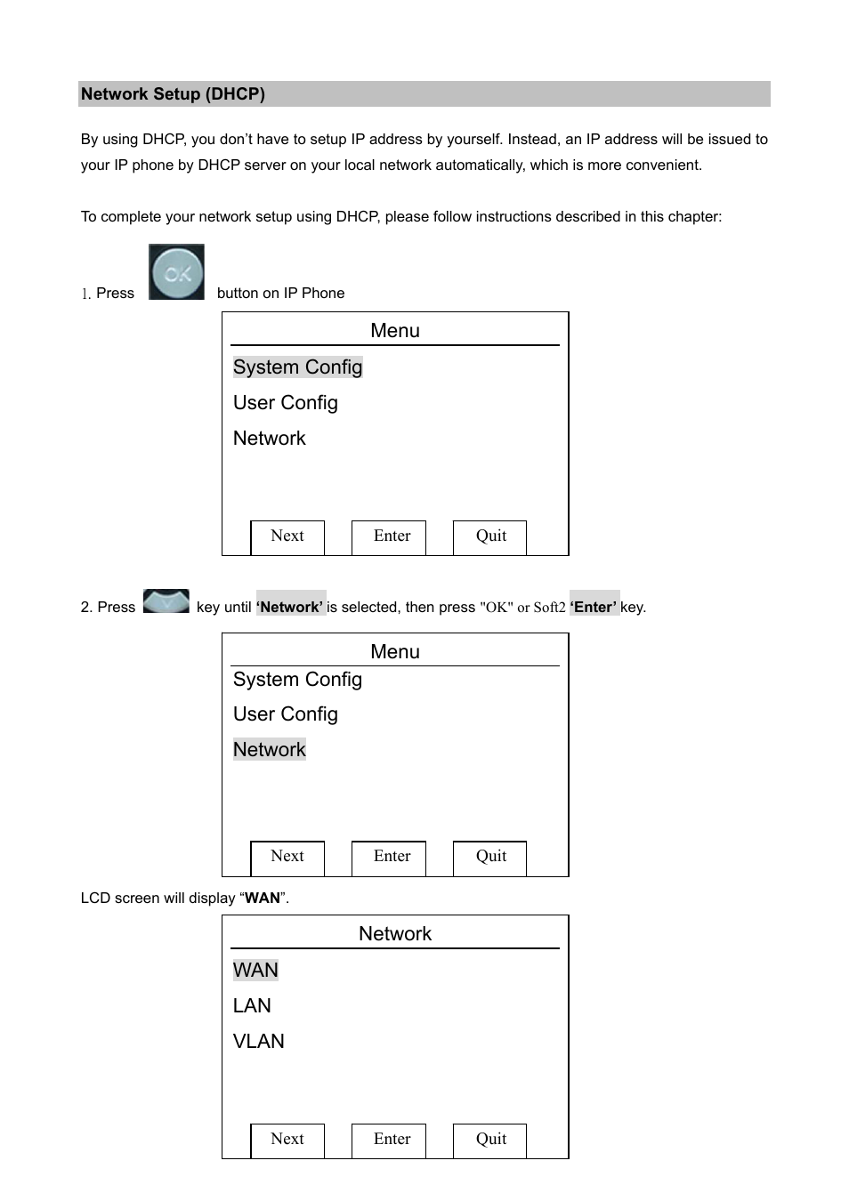 Network setup (dhcp), Menu system config user config network, Menu system config | User config network, Network, Wan lan vlan | PLANET VIP-360PT User Manual | Page 17 / 65