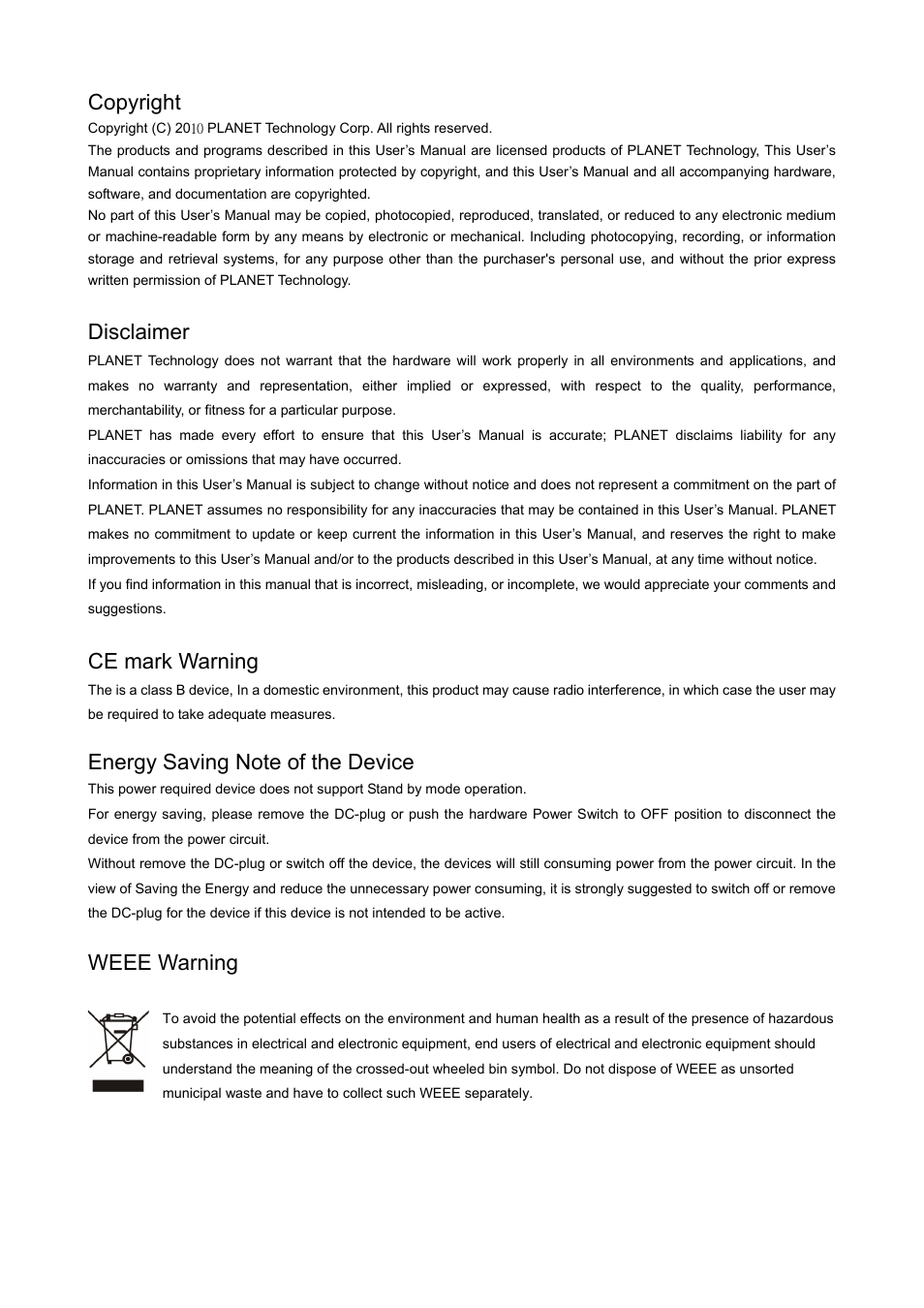 Copyright, Disclaimer, Ce mark warning | Weee warning | PLANET VIP-360PT User Manual | Page 2 / 65