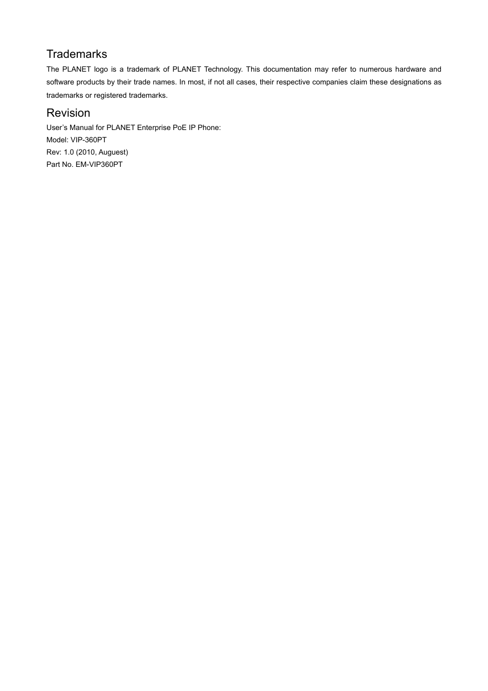 Trademarks, Revision | PLANET VIP-360PT User Manual | Page 3 / 65