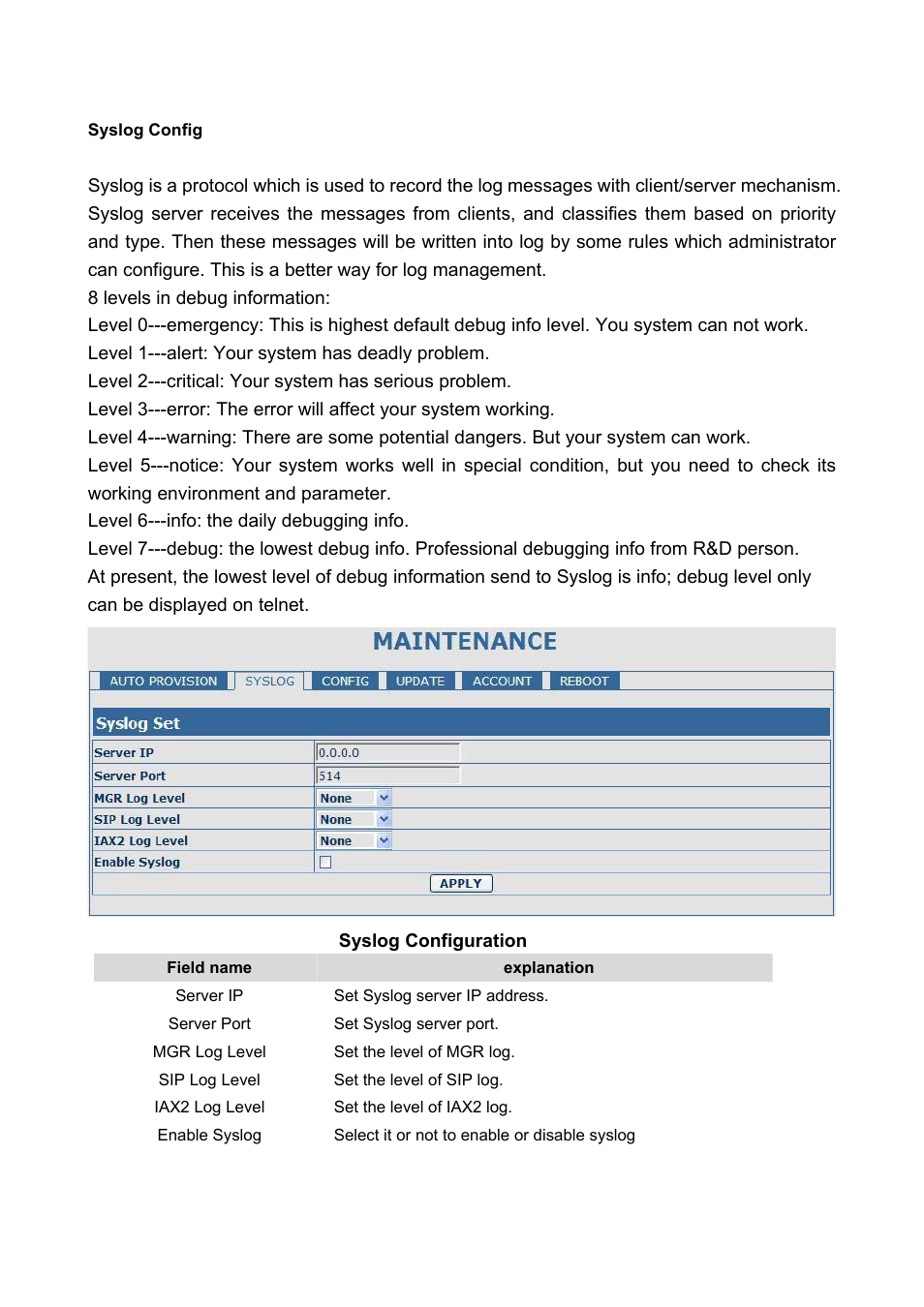 Syslog config | PLANET VIP-360PT User Manual | Page 50 / 65