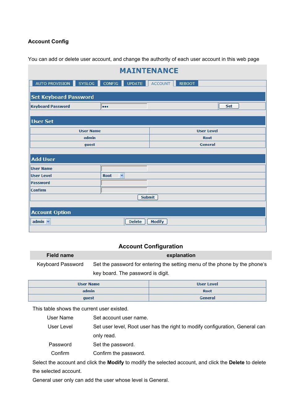 Account config | PLANET VIP-360PT User Manual | Page 53 / 65