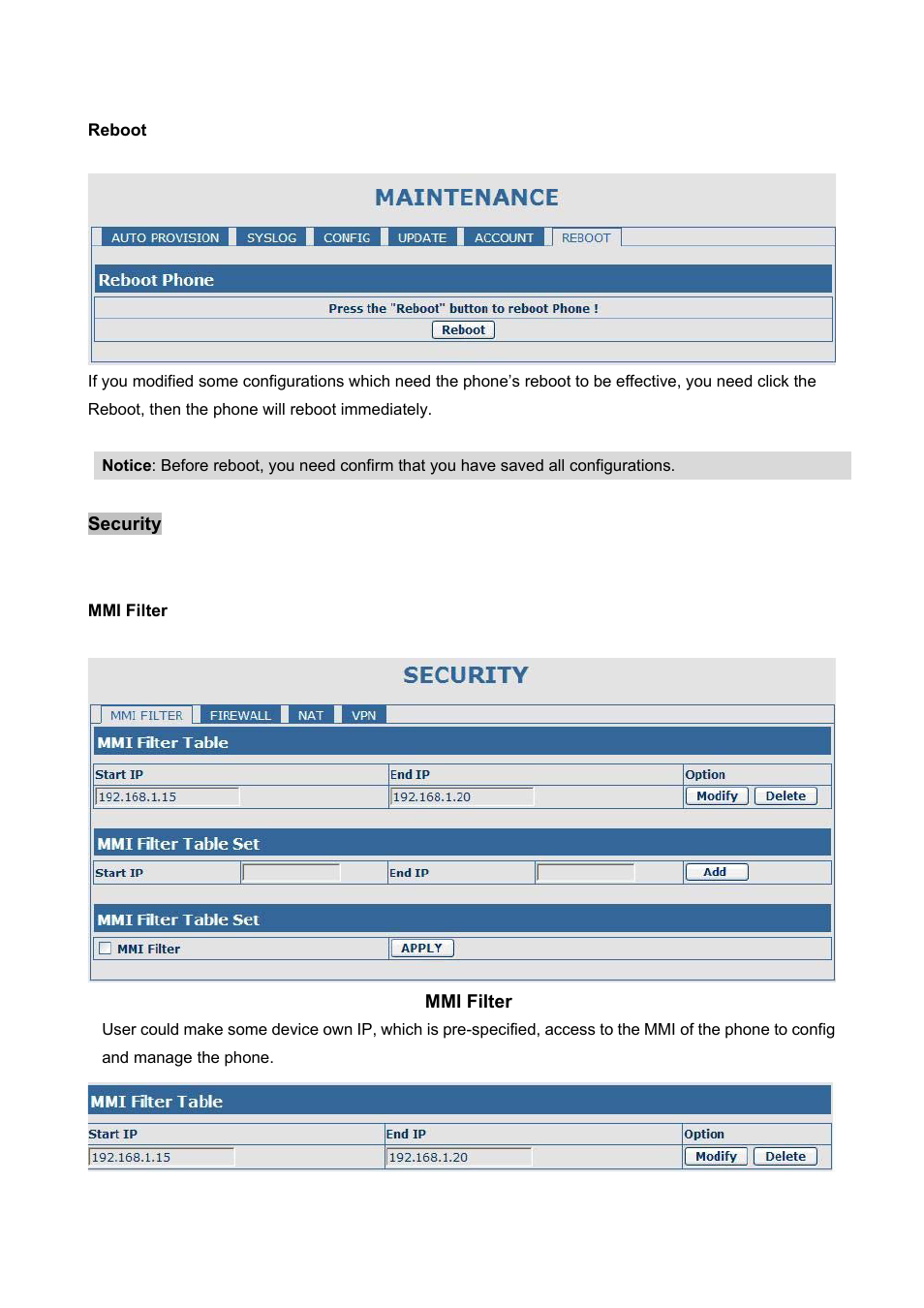 Security, Reboot, Mmi filter | PLANET VIP-360PT User Manual | Page 54 / 65