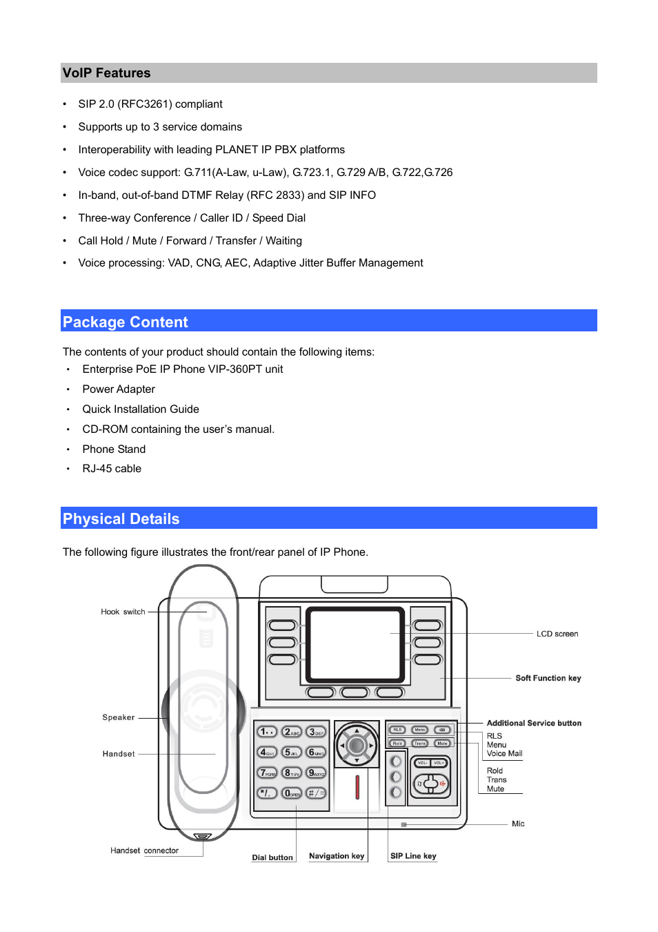 Voip features, Package content, Physical details | PLANET VIP-360PT User Manual | Page 7 / 65