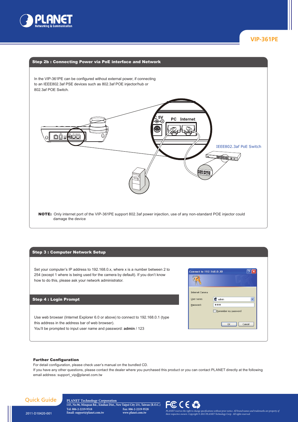 Vip-361pe, Quick guide | PLANET VIP-361PE User Manual | Page 2 / 2