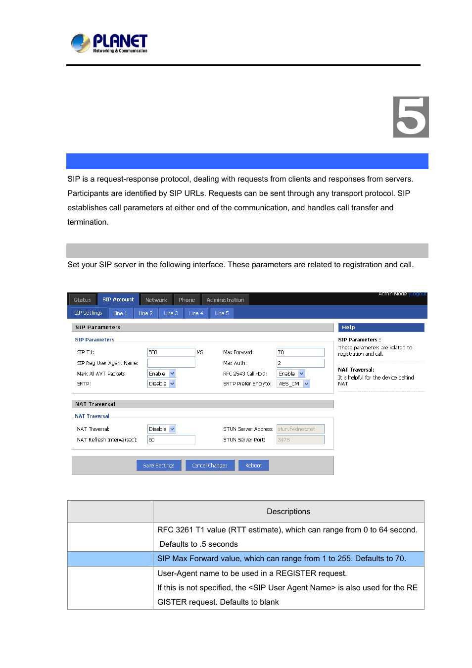 Chapter 5 sip account setting, Sip account, Sip setting | Nat setting | PLANET VIP-362WT User Manual | Page 26 / 64