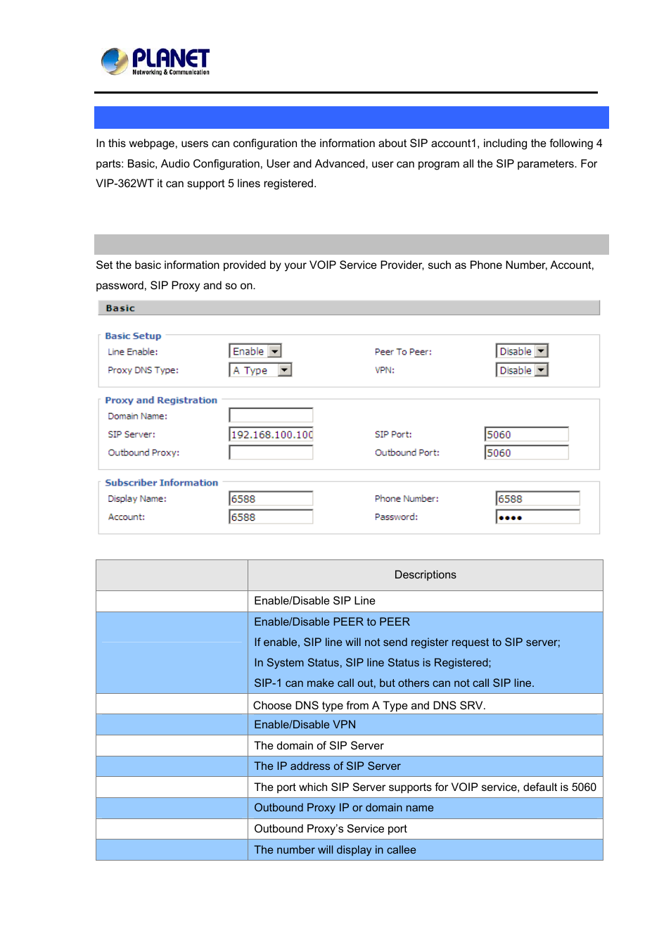 Sip account, Basic, Audio configuration | PLANET VIP-362WT User Manual | Page 28 / 64