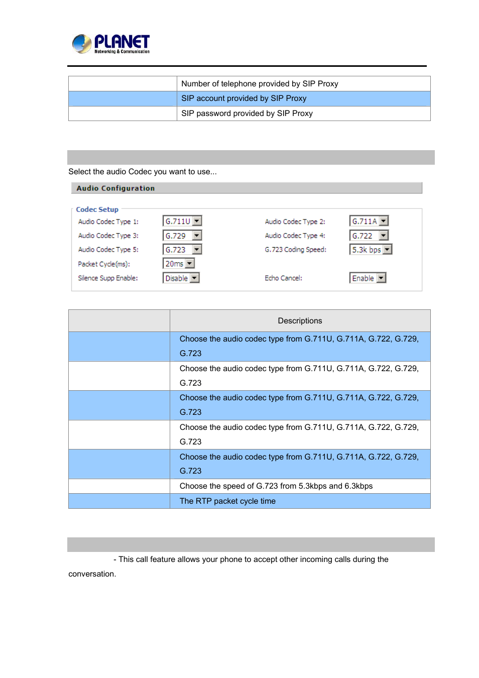 Audio configuration, Supplementary services subscription, Advanced | PLANET VIP-362WT User Manual | Page 29 / 64