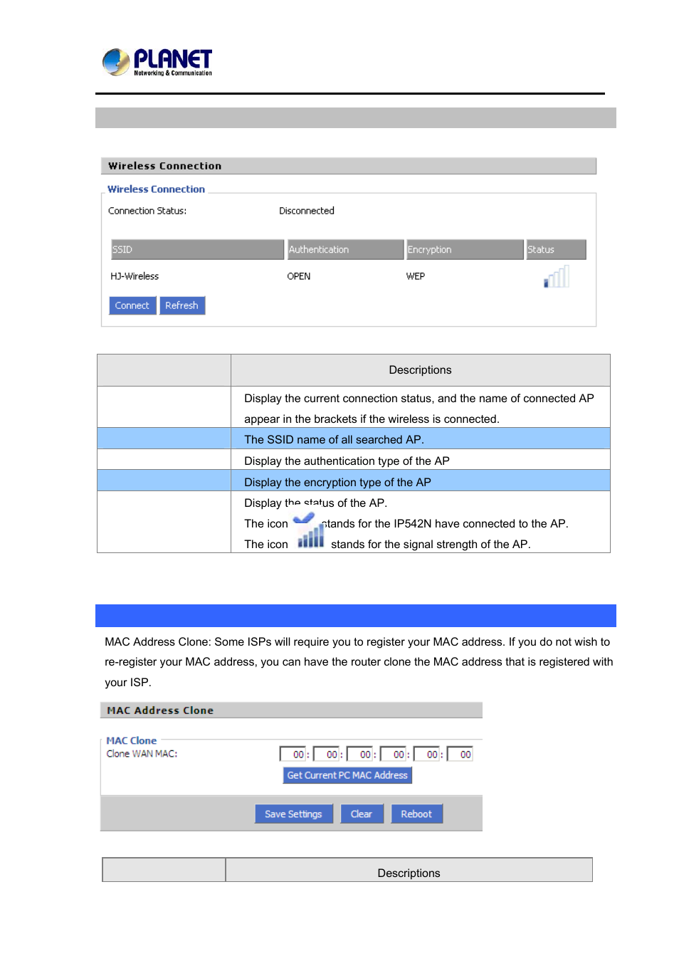 Wireless connection, Mac address clone | PLANET VIP-362WT User Manual | Page 37 / 64