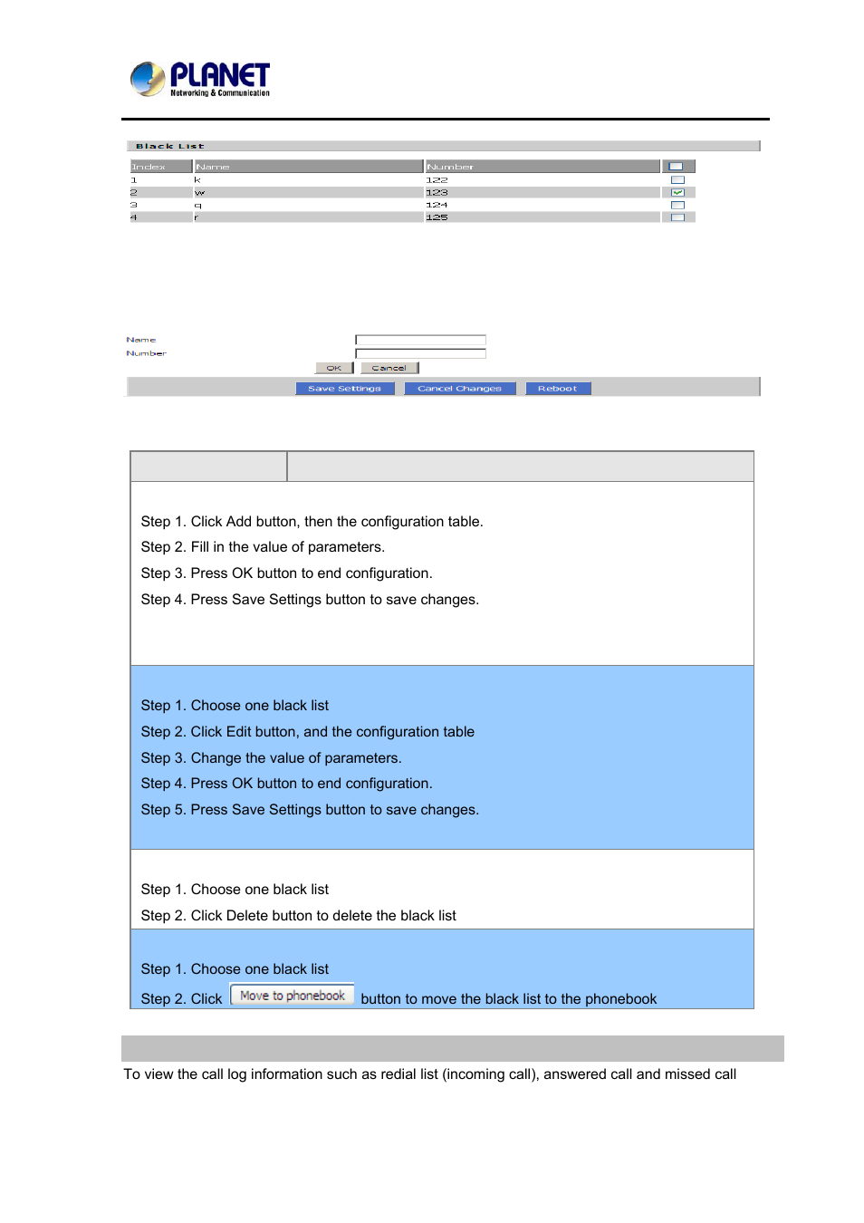 Call log | PLANET VIP-362WT User Manual | Page 50 / 64