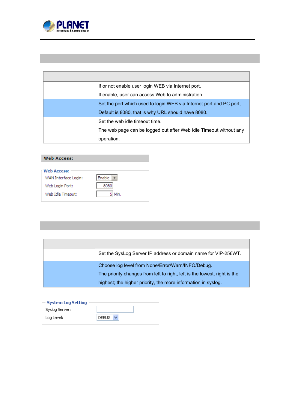 Web access, System log setting | PLANET VIP-362WT User Manual | Page 55 / 64