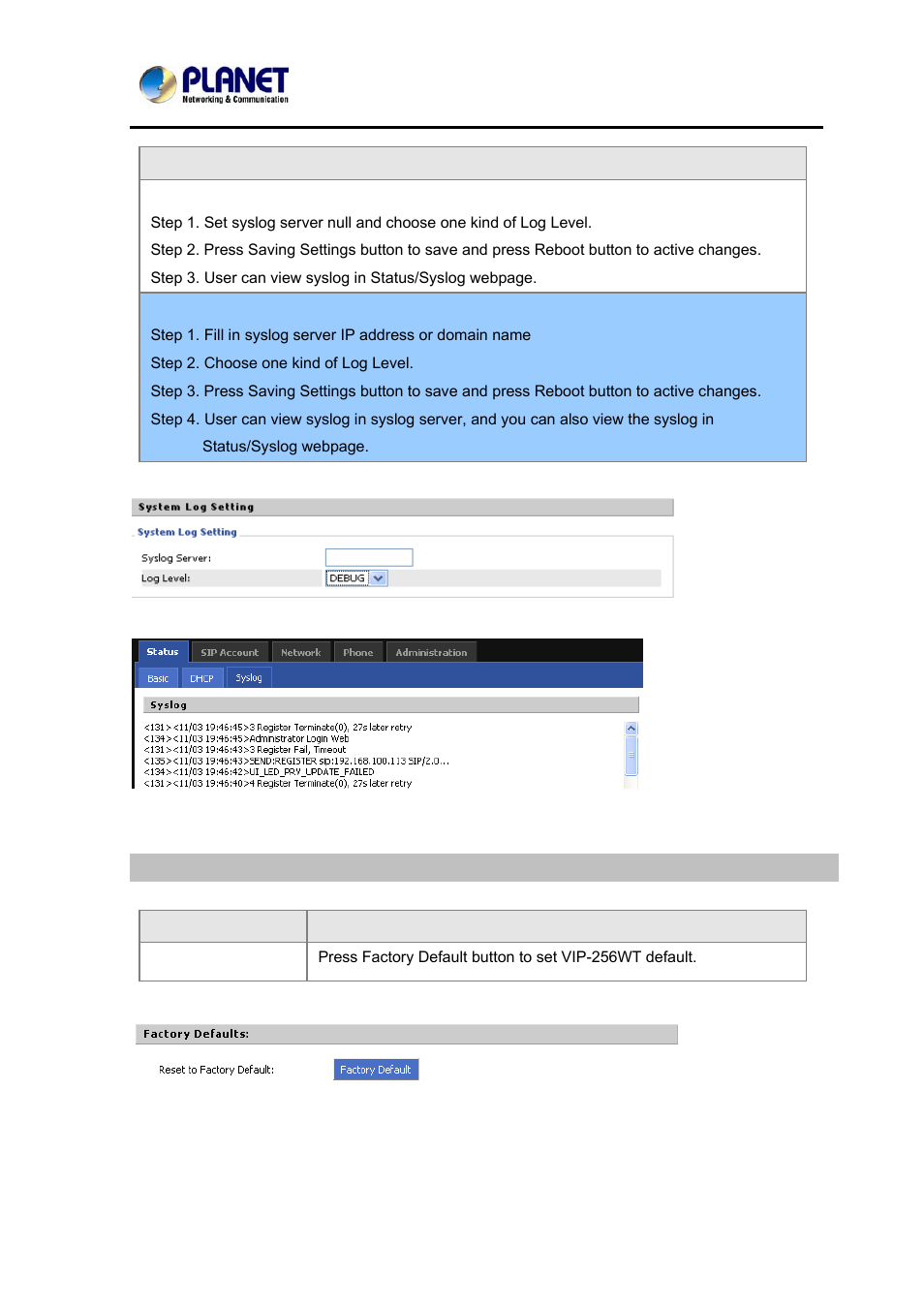 Factory defaults | PLANET VIP-362WT User Manual | Page 56 / 64