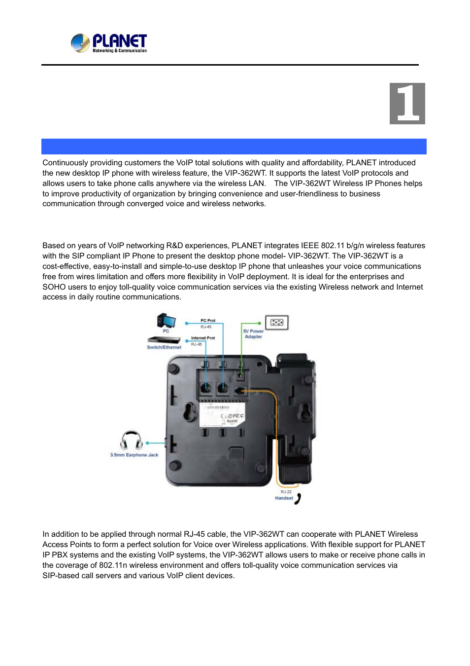 Chapter 1 introduction, Overview, Product feature | PLANET VIP-362WT User Manual | Page 6 / 64