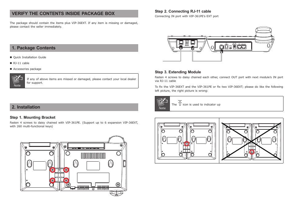 Verify the contents inside package box, Package contents, Installation | Step 1. mounting bracket, Step 2. connecting rj-11 cable, Step 3. extending module | PLANET VIP-36EXT User Manual | Page 2 / 2