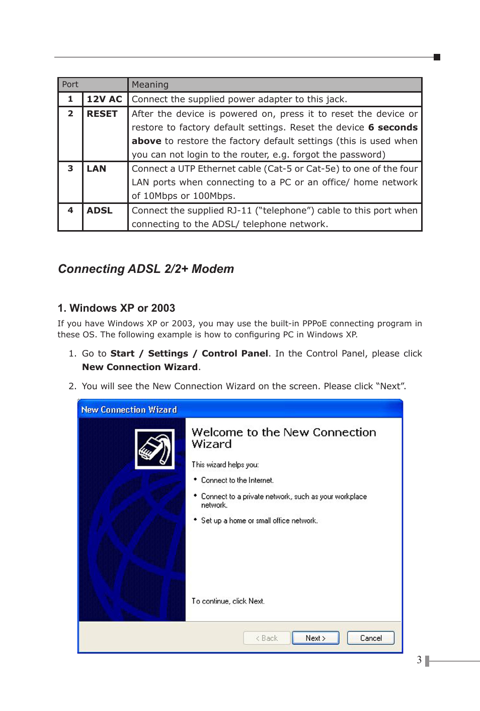 Connecting adsl 2/2+ modem, Windows xp or 2003 | PLANET ADE-2400A User Manual | Page 3 / 8