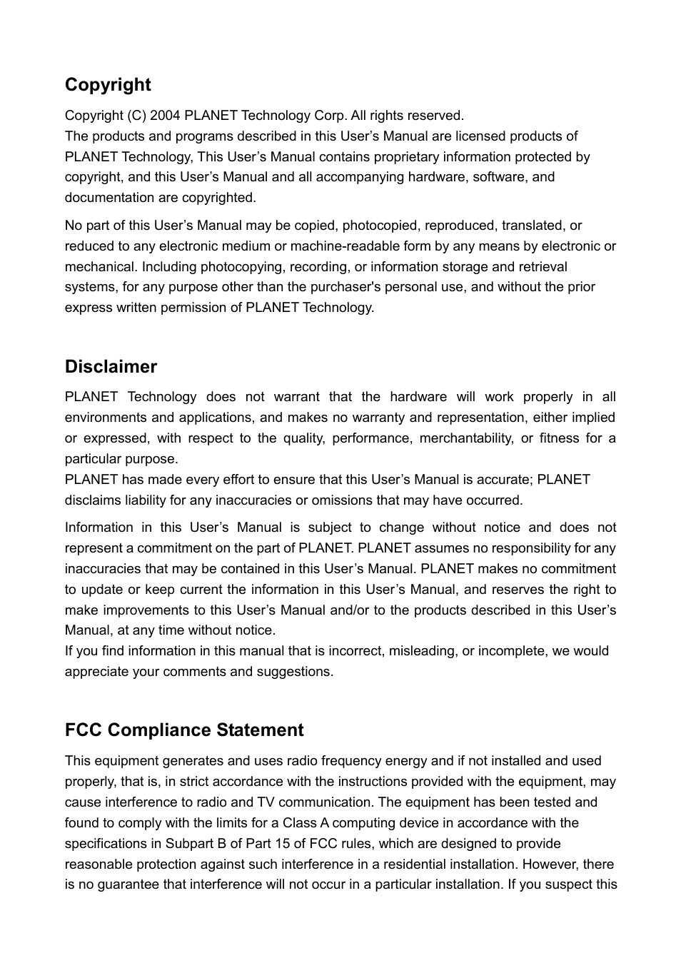 Copyright, Disclaimer, Fcc compliance statement | PLANET ADE-3100 User Manual | Page 2 / 51