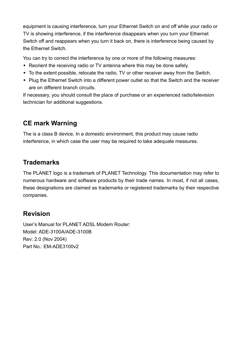 Ce mark warning, Trademarks, Revision | PLANET ADE-3100 User Manual | Page 3 / 51