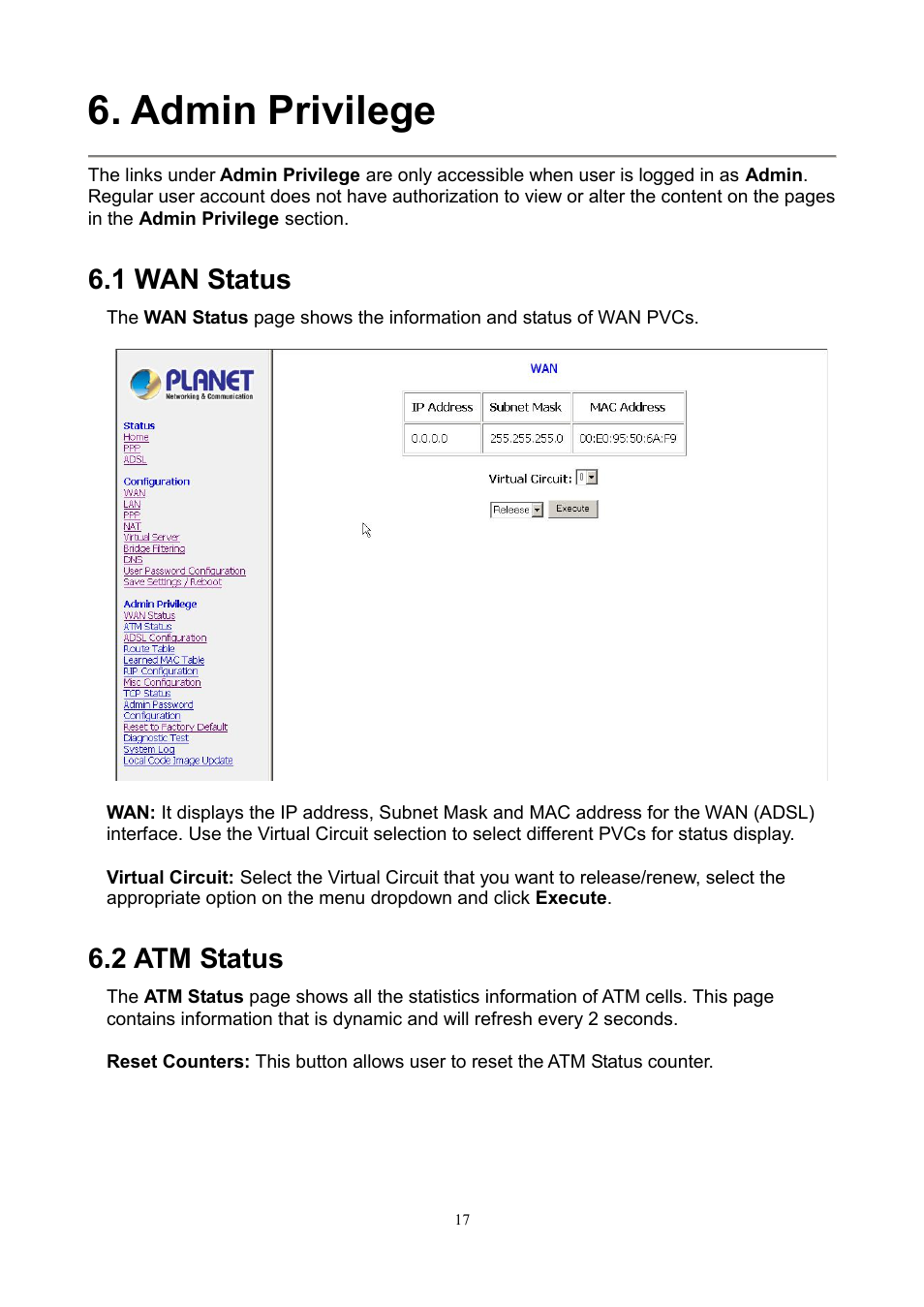 Admin privilege, 1 wan status, 2 atm status | PLANET ADE-3100 User Manual | Page 35 / 51