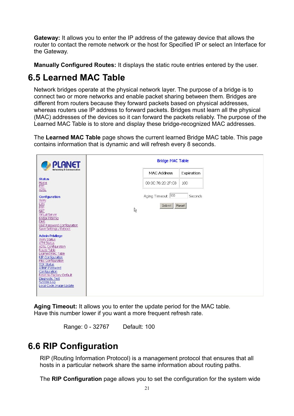 5 learned mac table, 6 rip configuration | PLANET ADE-3100 User Manual | Page 39 / 51