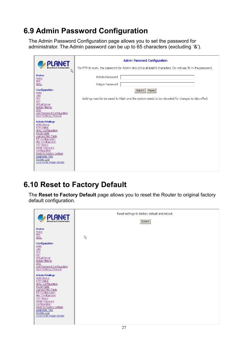 9 admin password configuration, 10 reset to factory default | PLANET ADE-3100 User Manual | Page 45 / 51