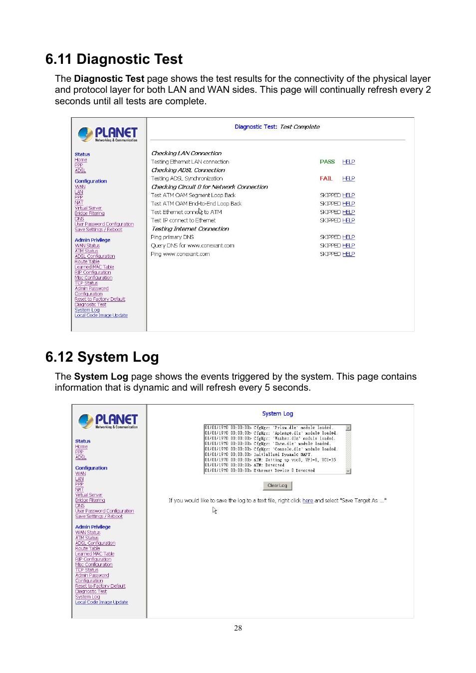 11 diagnostic test, 12 system log | PLANET ADE-3100 User Manual | Page 46 / 51