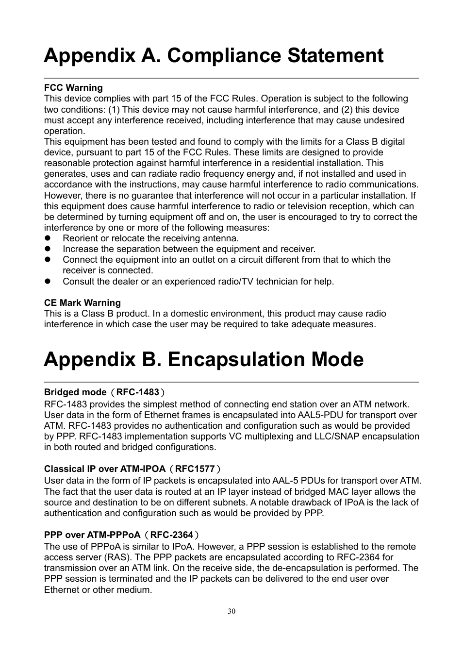 Appendix a. compliance statement, Appendix b. encapsulation mode | PLANET ADE-3100 User Manual | Page 48 / 51