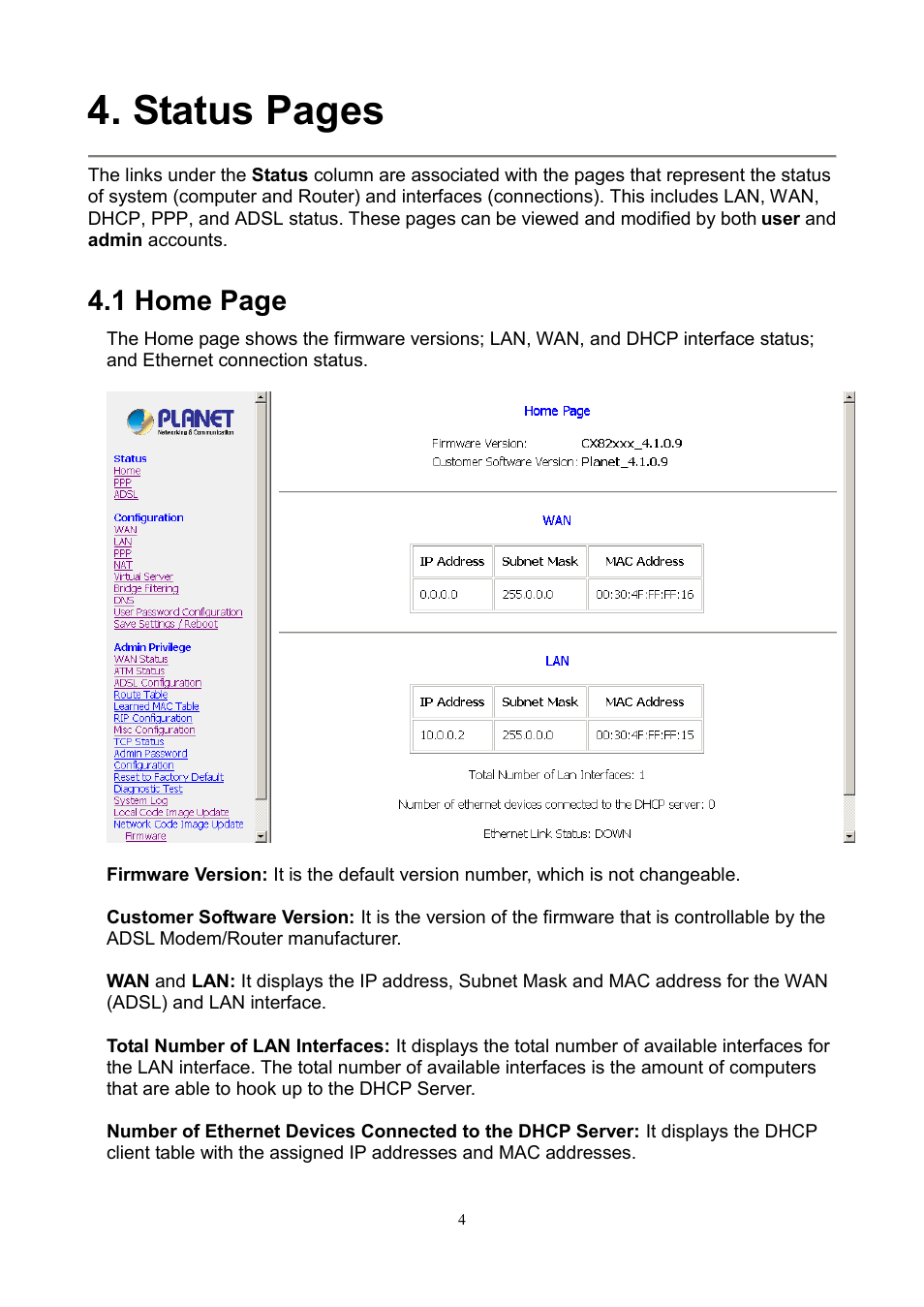 Status pages, 1 home page | PLANET ADE-3100 User Manual | Page 9 / 51