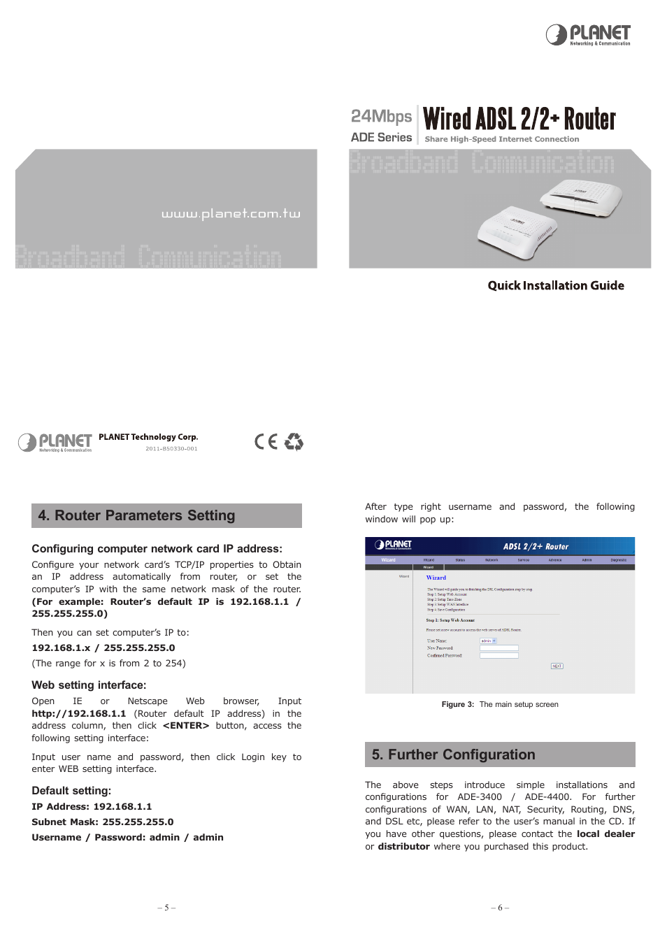 Router parameters setting, Further configuration | PLANET ADE-3400 User Manual | Page 2 / 2