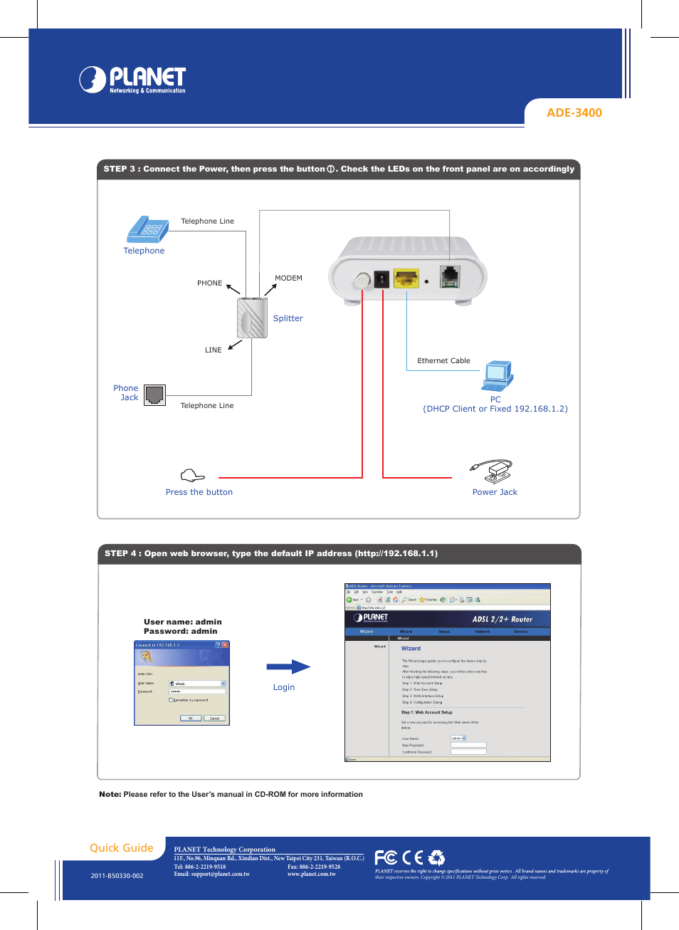 Ade-3400, Quick guide | PLANET ADE-3400 User Manual | Page 2 / 2