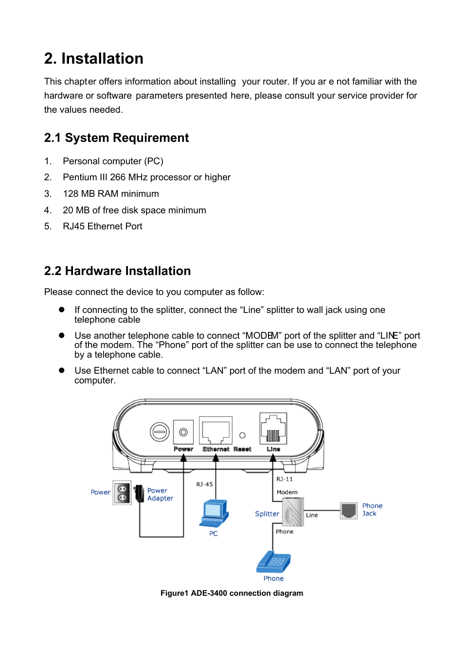 Installation, 1 system requirement, 2 hardware installation | PLANET ADE-3400 User Manual | Page 11 / 61