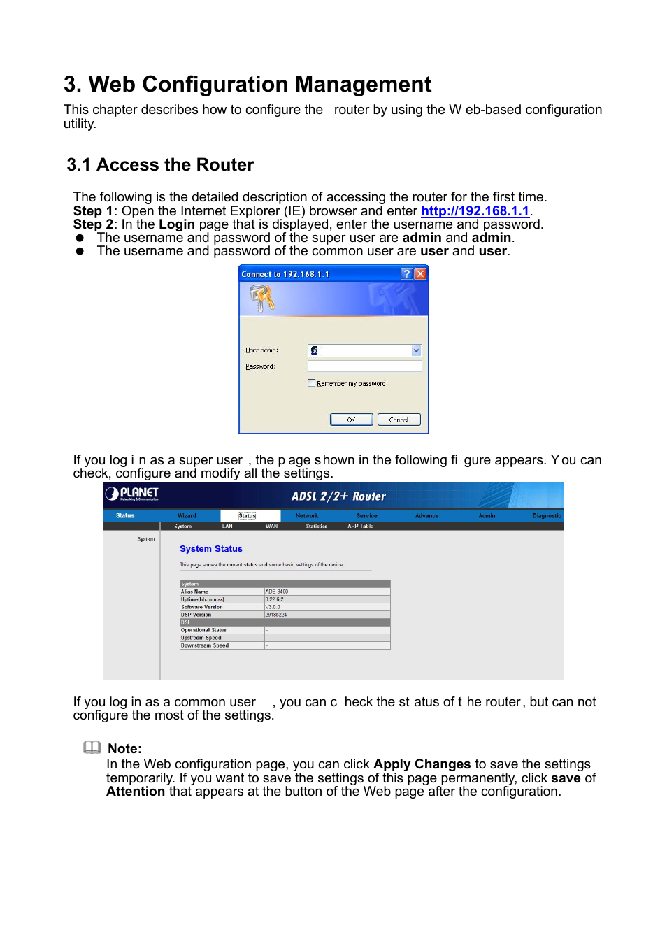 Web configuration management, 1 access the router | PLANET ADE-3400 User Manual | Page 17 / 61